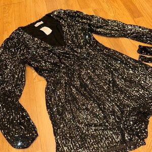 Black Sequin Mini Dress with V-Neck Romper